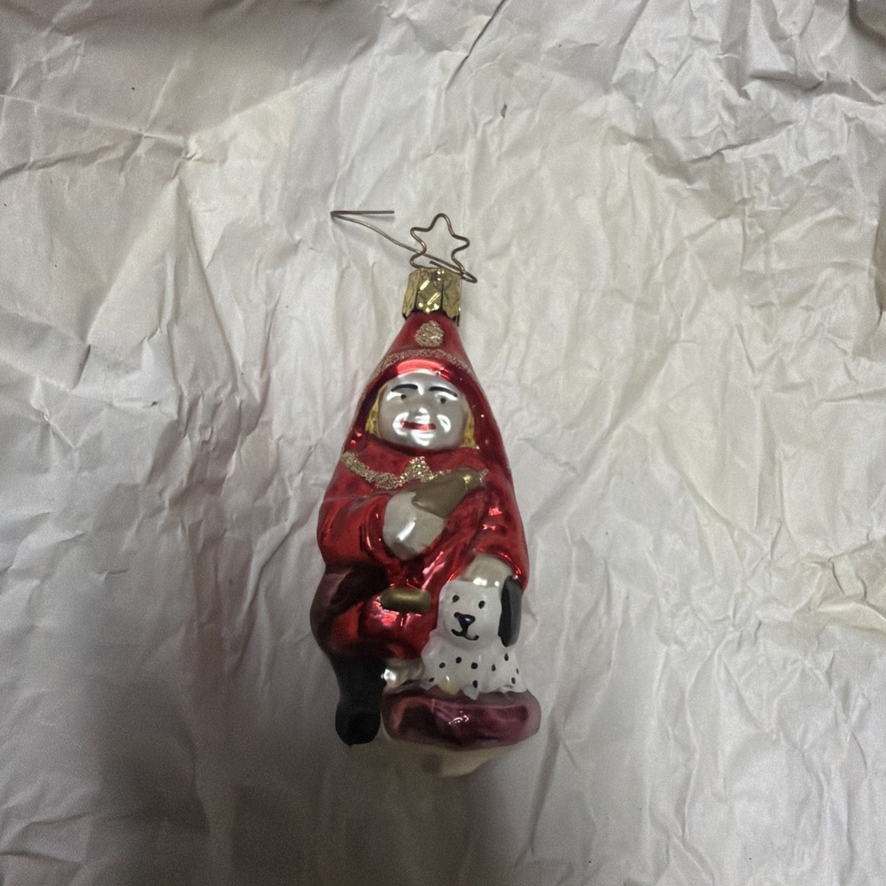 Vtg Old World Christmas Glass Littlest Fireman Ornament With Dalmatian Dog 3.75"